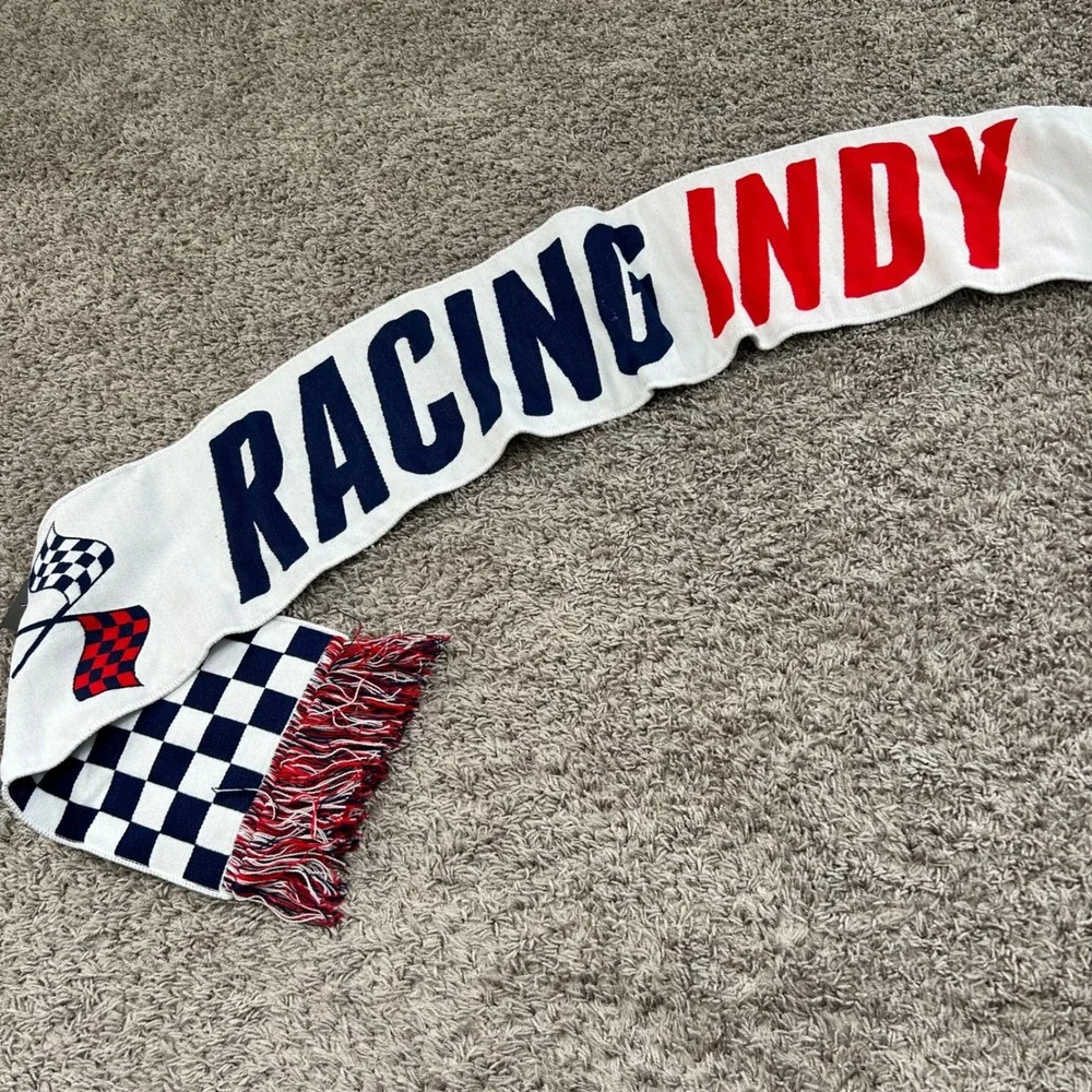Indy Eleven Racing Scarf White Red Blue Checkered Flags Fringe‎ Knit